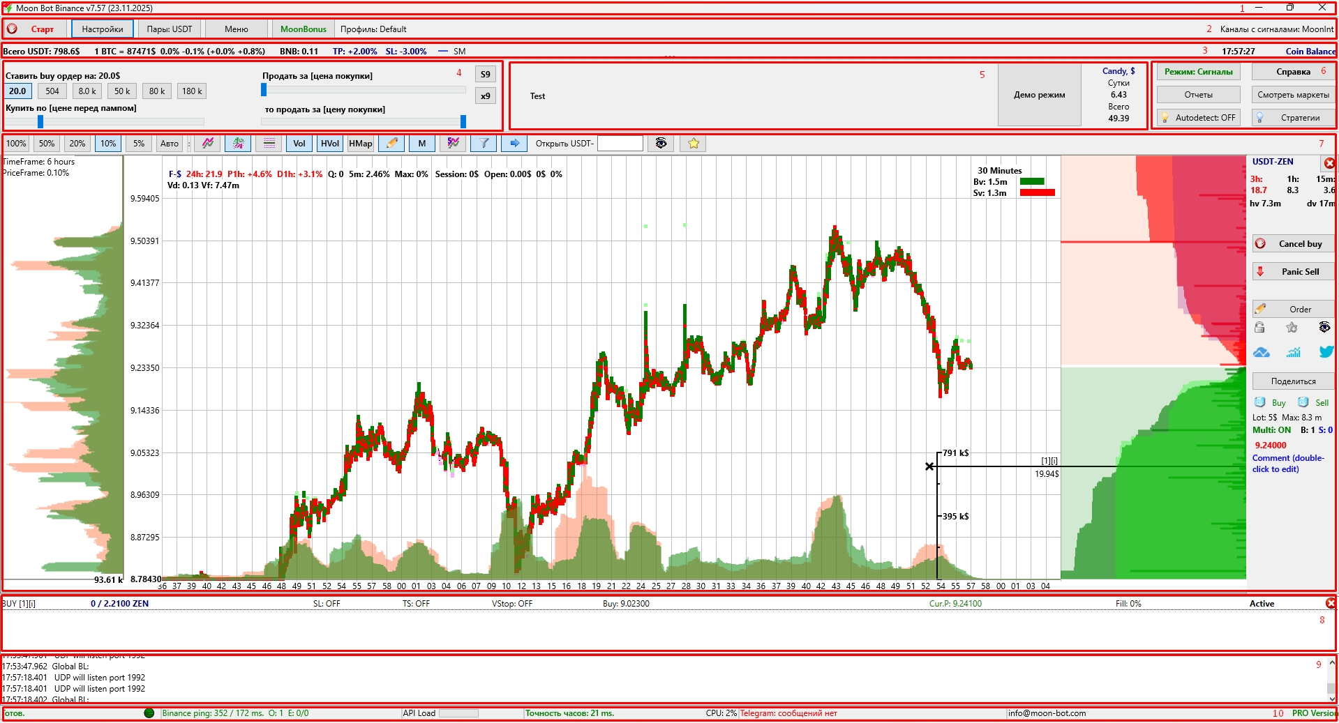 Секторы главного экрана терминала Moonbot